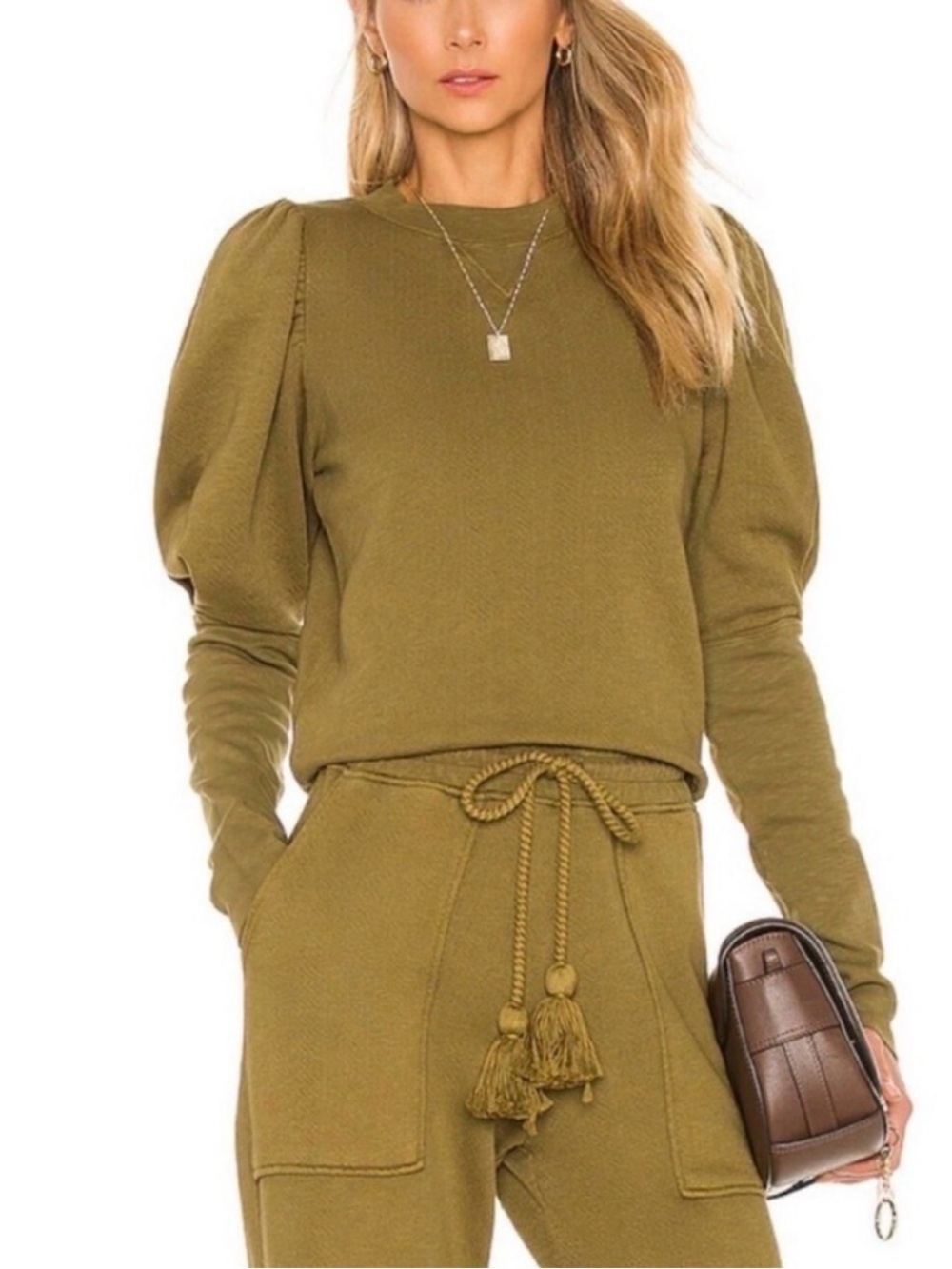 Ulla Johnson Olive Green Puff-Sleeve Crewneck Sweatshirt
